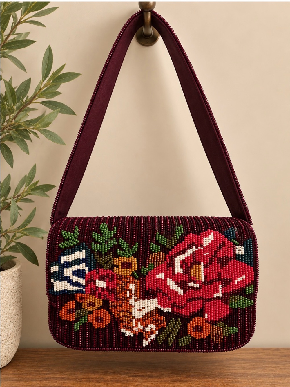Embroidered Beaded Floral Shoulder Bag - Burgundy